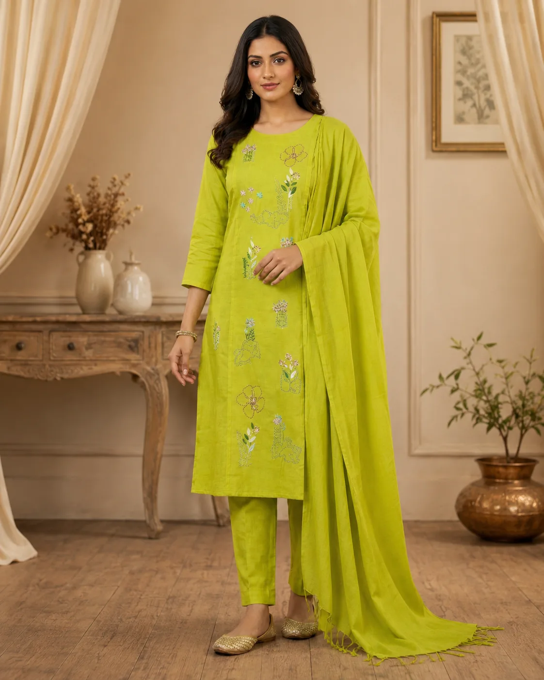 Lemon colored Emboided Anarkali Set for women with dupatta & Pant