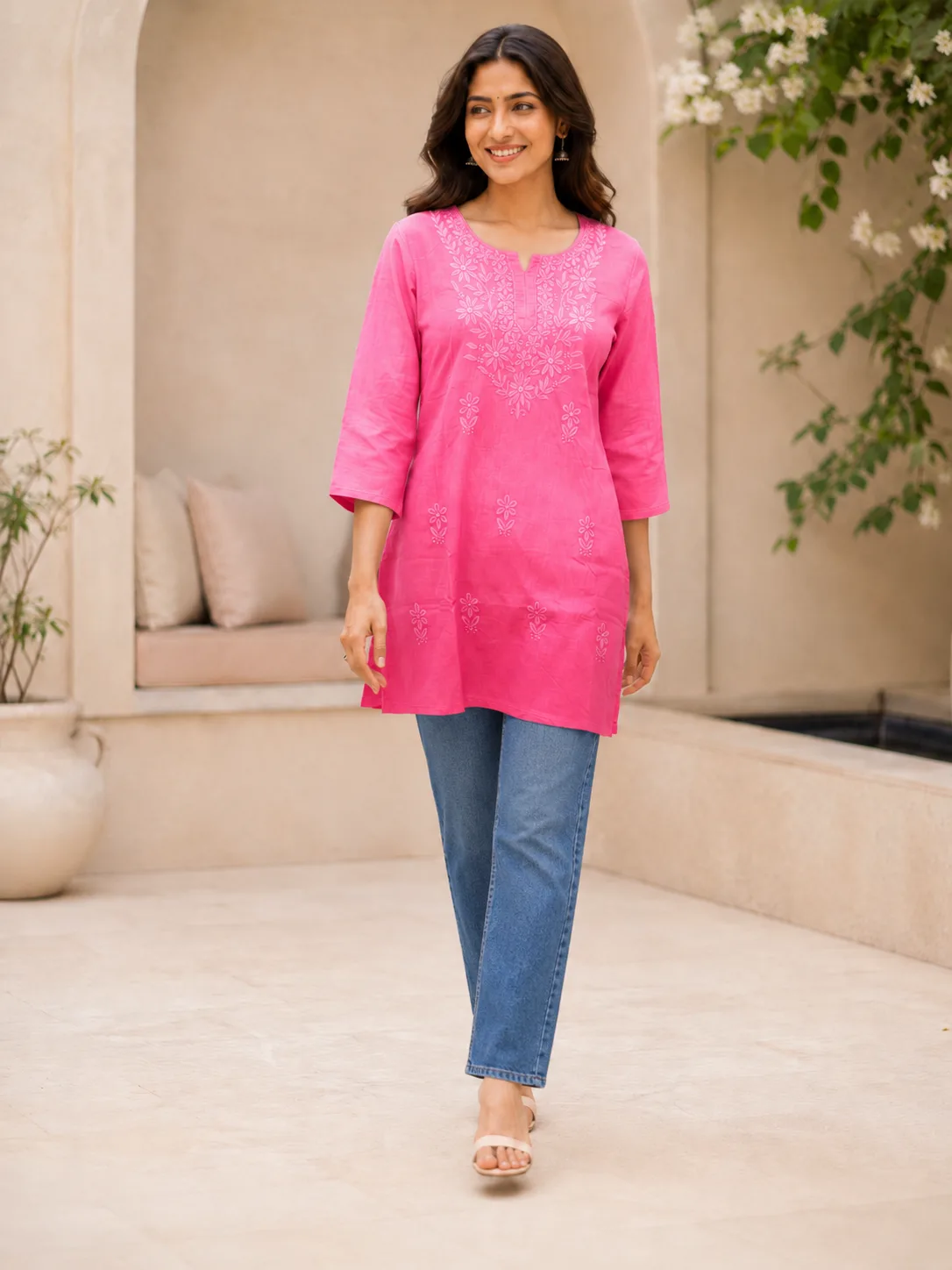 Pink - Dark Rani Shade Lucknowi Short Kurti