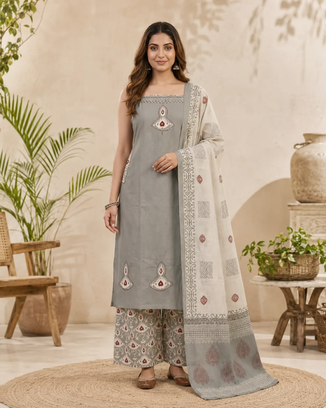 Gray Floral Printed Sleeveless 3 piece Kurti Set for women with dupatta & Mini plazzo 