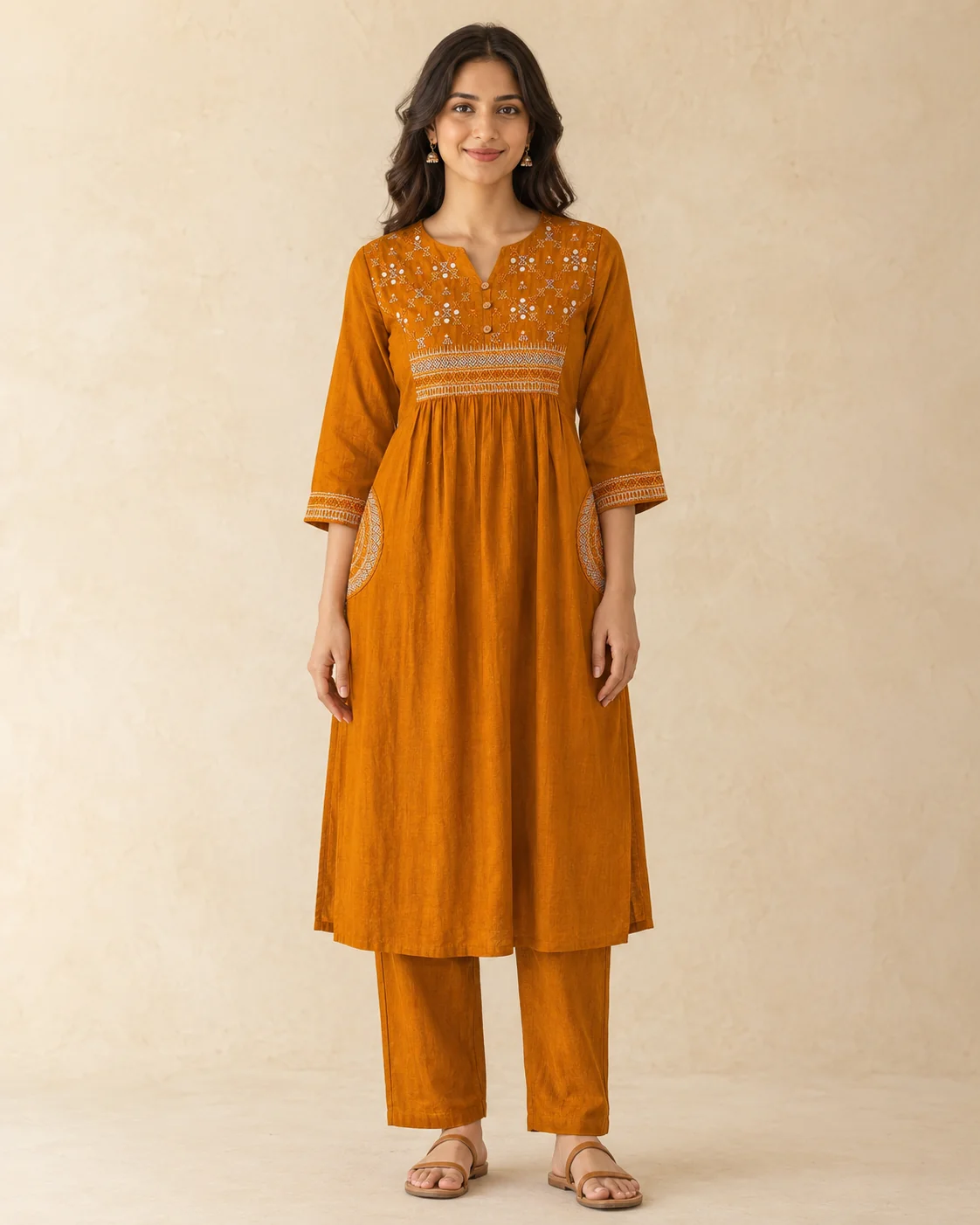Rust Cotton Mirror-Work Kurta Set with Straight Pants