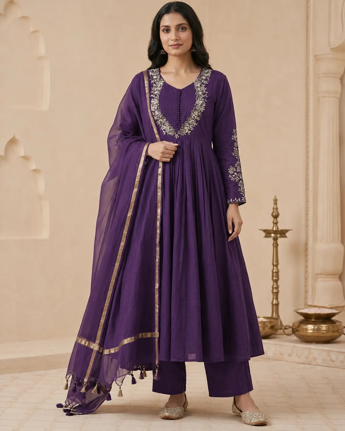 U-Neck Moti Work Anarkali Set for women with dupatta & Pant