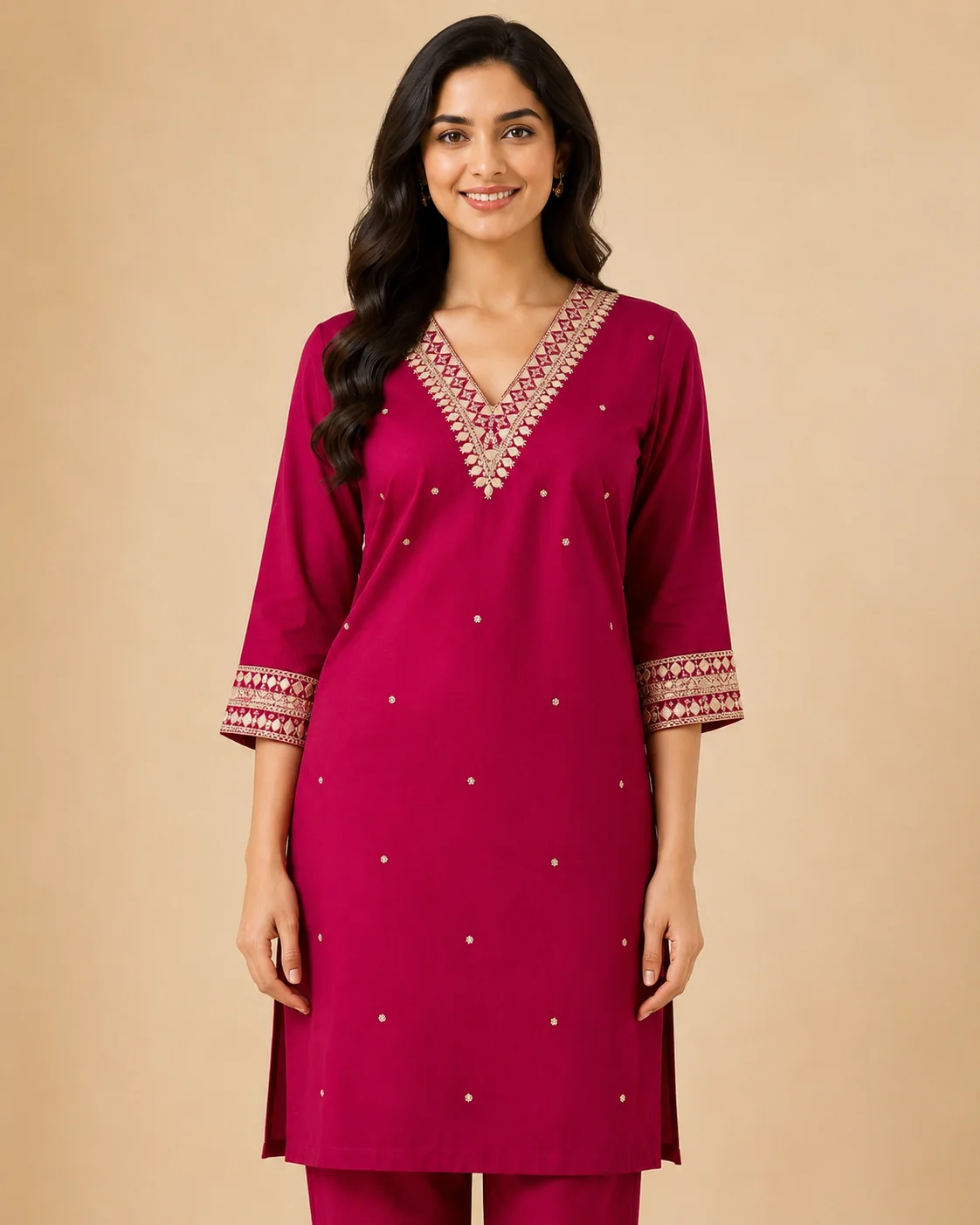 Rani Pink Rayon Kurti with Gold Zari Neckline