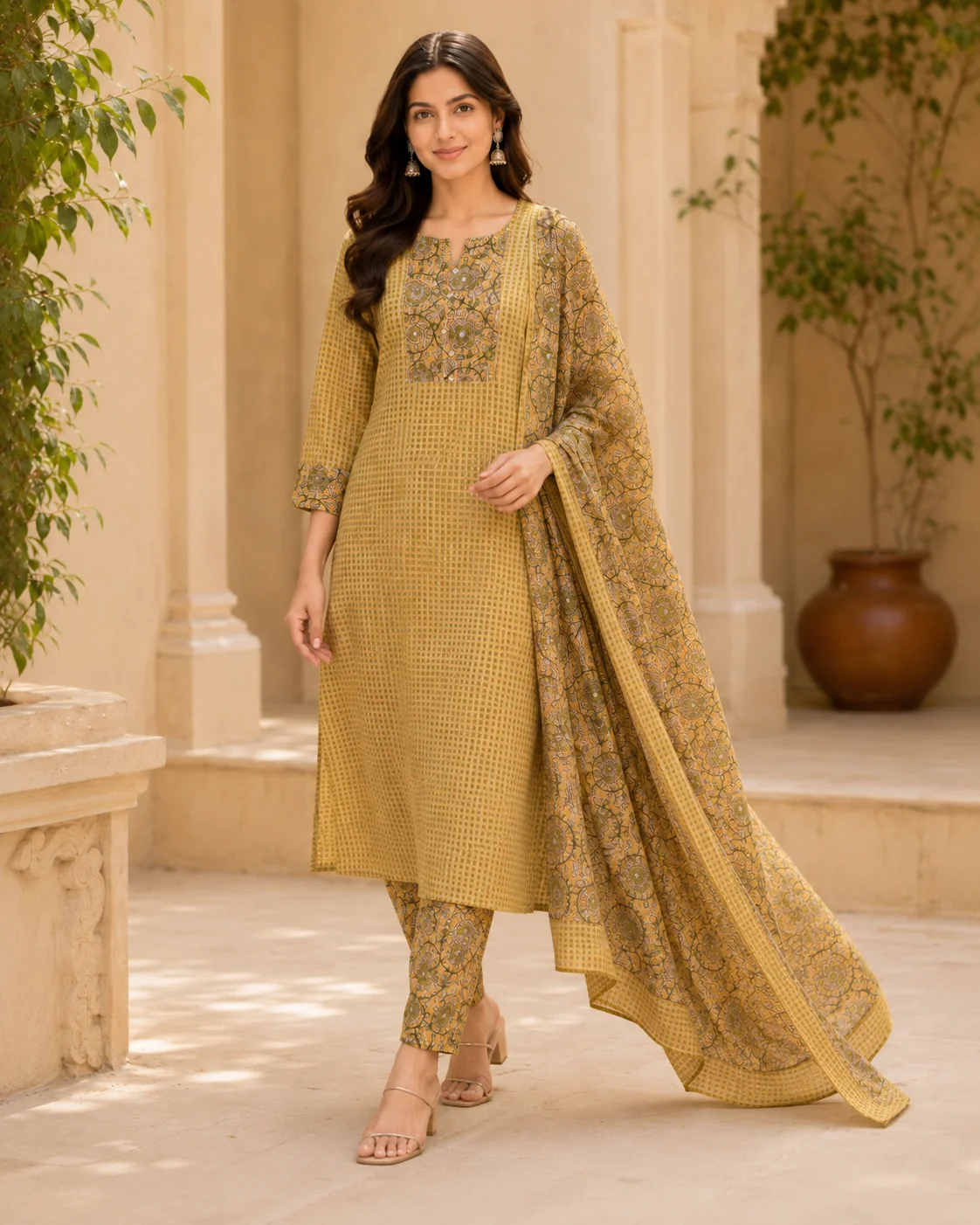 Mustard Cotton Kurta Set with Mirror-Work Yoke