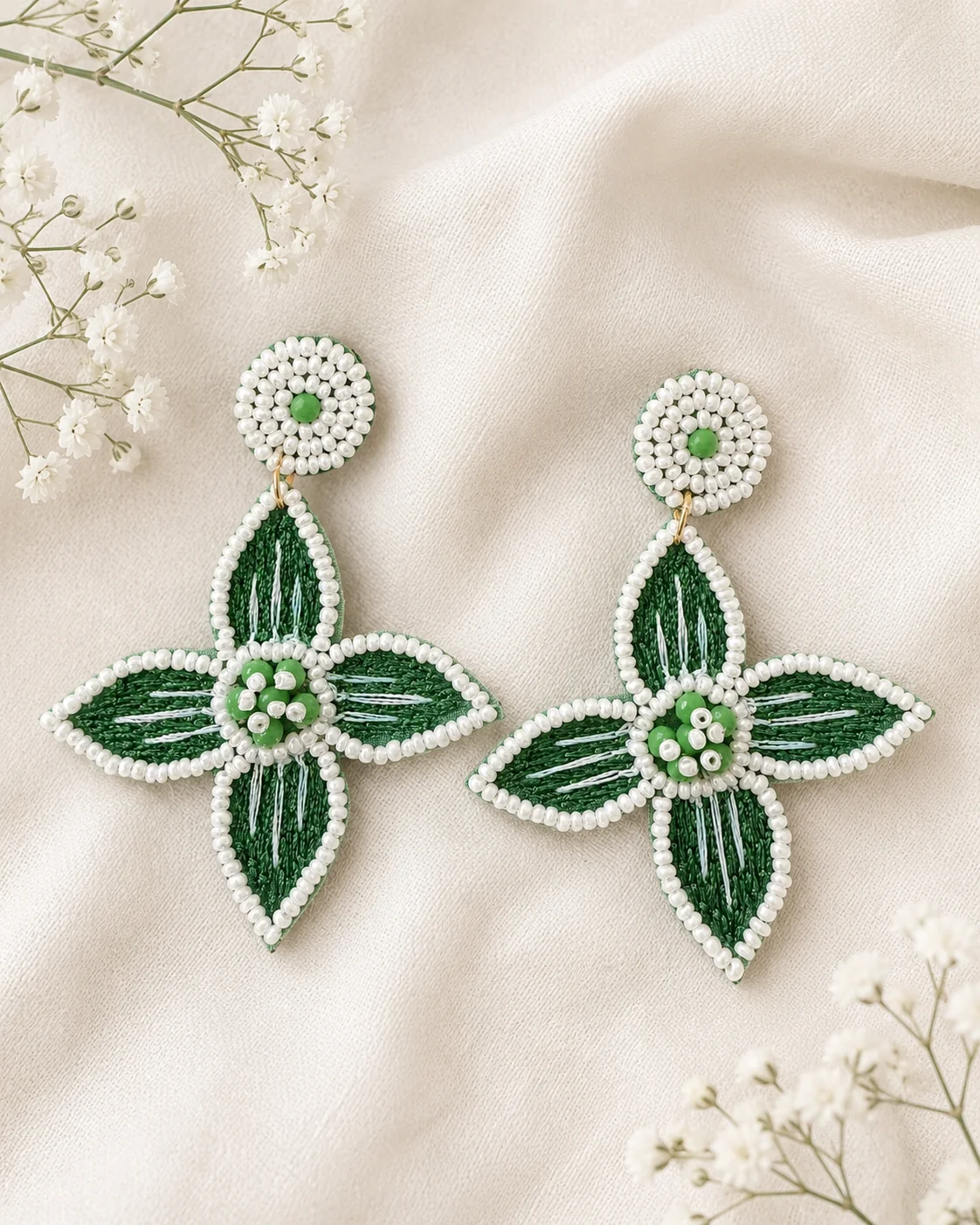 Emerald Thread Four-Petal Earrings