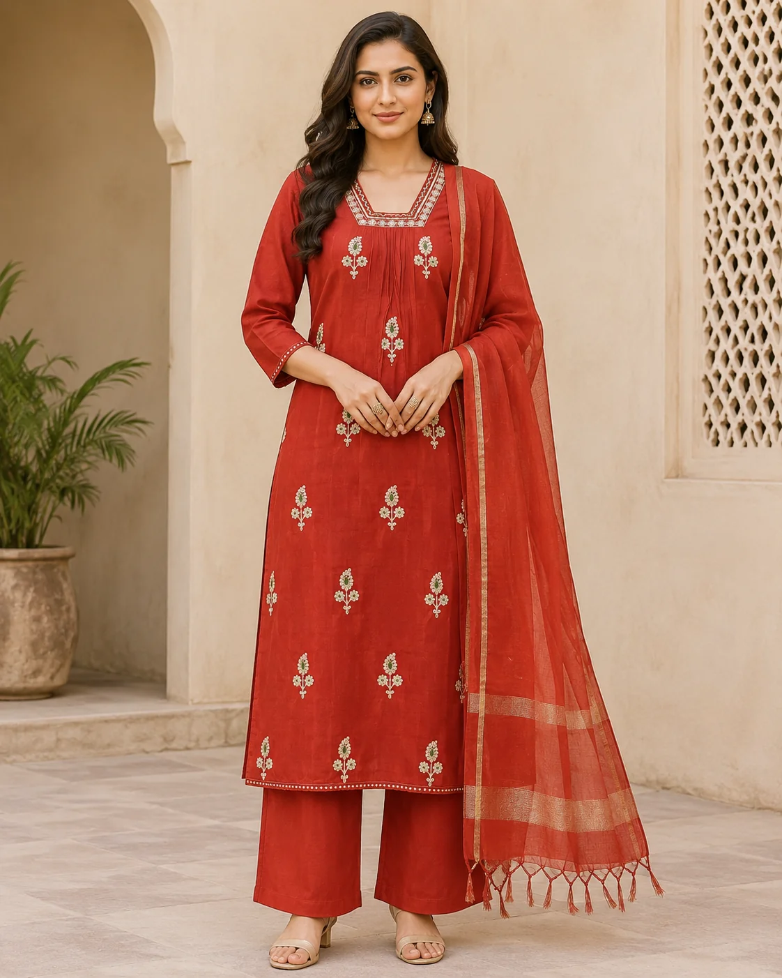 Rust Red Rayon Kurta Set with Floral Butta Embroidery